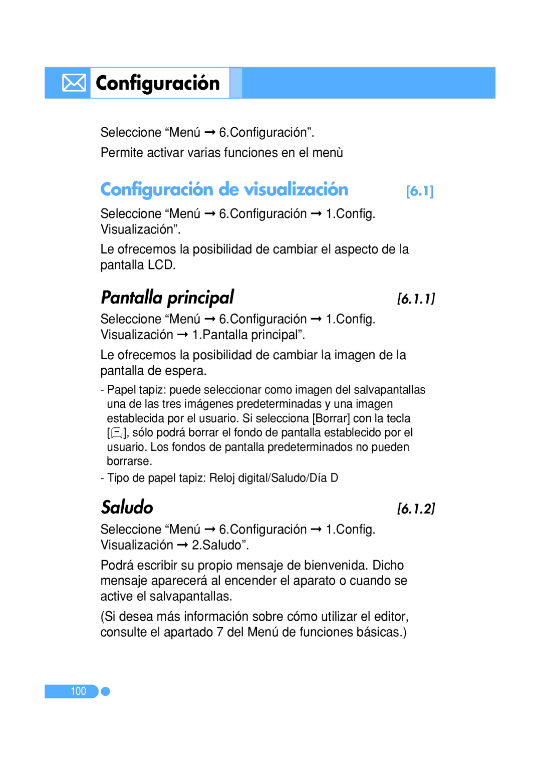 Pantech PG-1410 manual Configuración de visualización, Pantalla principal, Saludo 