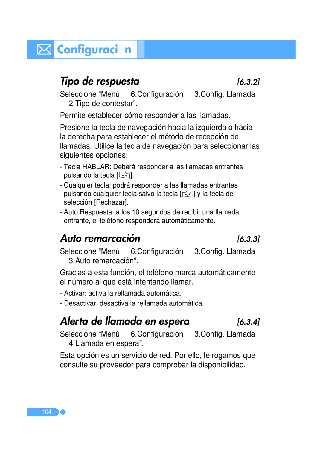 Pantech PG-1410 manual Tipo de respuesta, Auto remarcación, Alerta de llamada en espera 