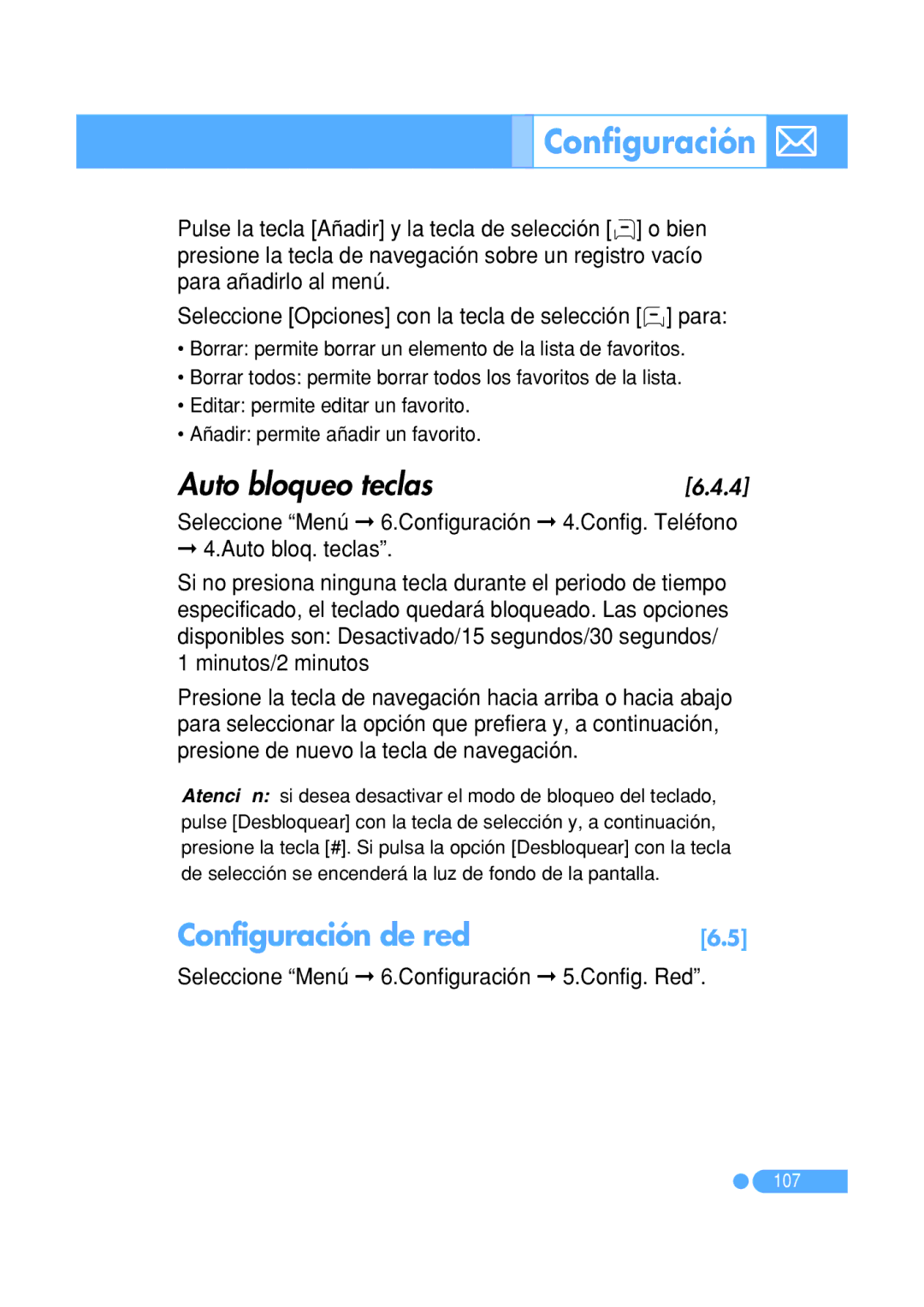 Pantech PG-1410 manual Auto bloqueo teclas, Configuración de red, Seleccione Menú 6.Configuración 5.Config. Red 