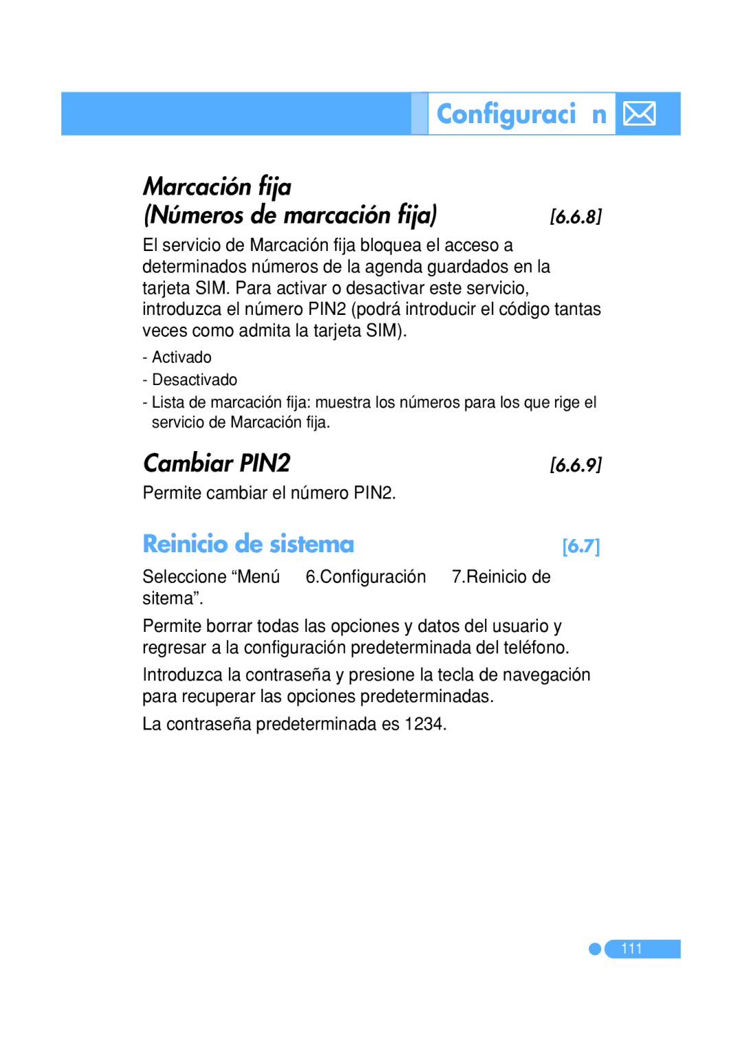 Pantech PG-1410 manual Marcación fija Números de marcación fija, Cambiar PIN2, Reinicio de sistema 