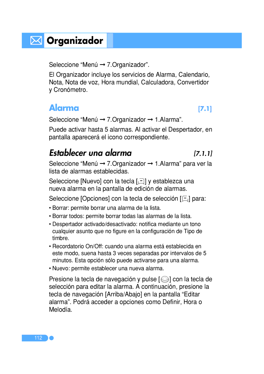 Pantech PG-1410 manual Organizador, Alarma, Establecer una alarma, Nuevo permite establecer una nueva alarma 