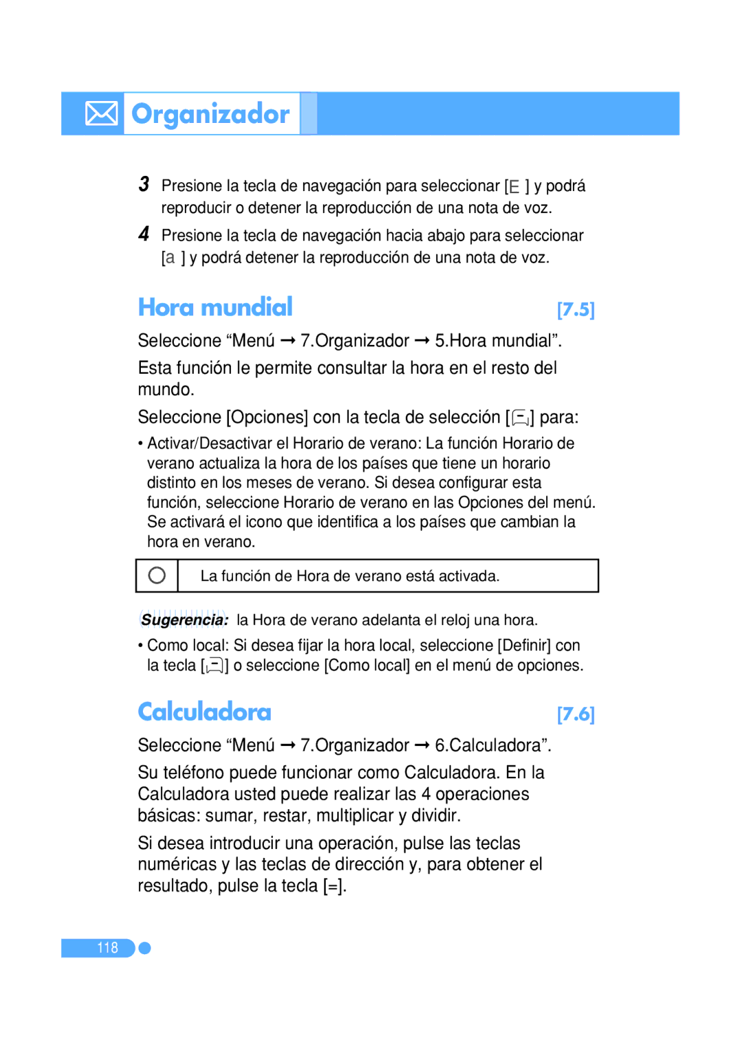 Pantech PG-1410 manual Hora mundial, Calculadora7.6, Seleccione Menú 7.Organizador 6.Calculadora 