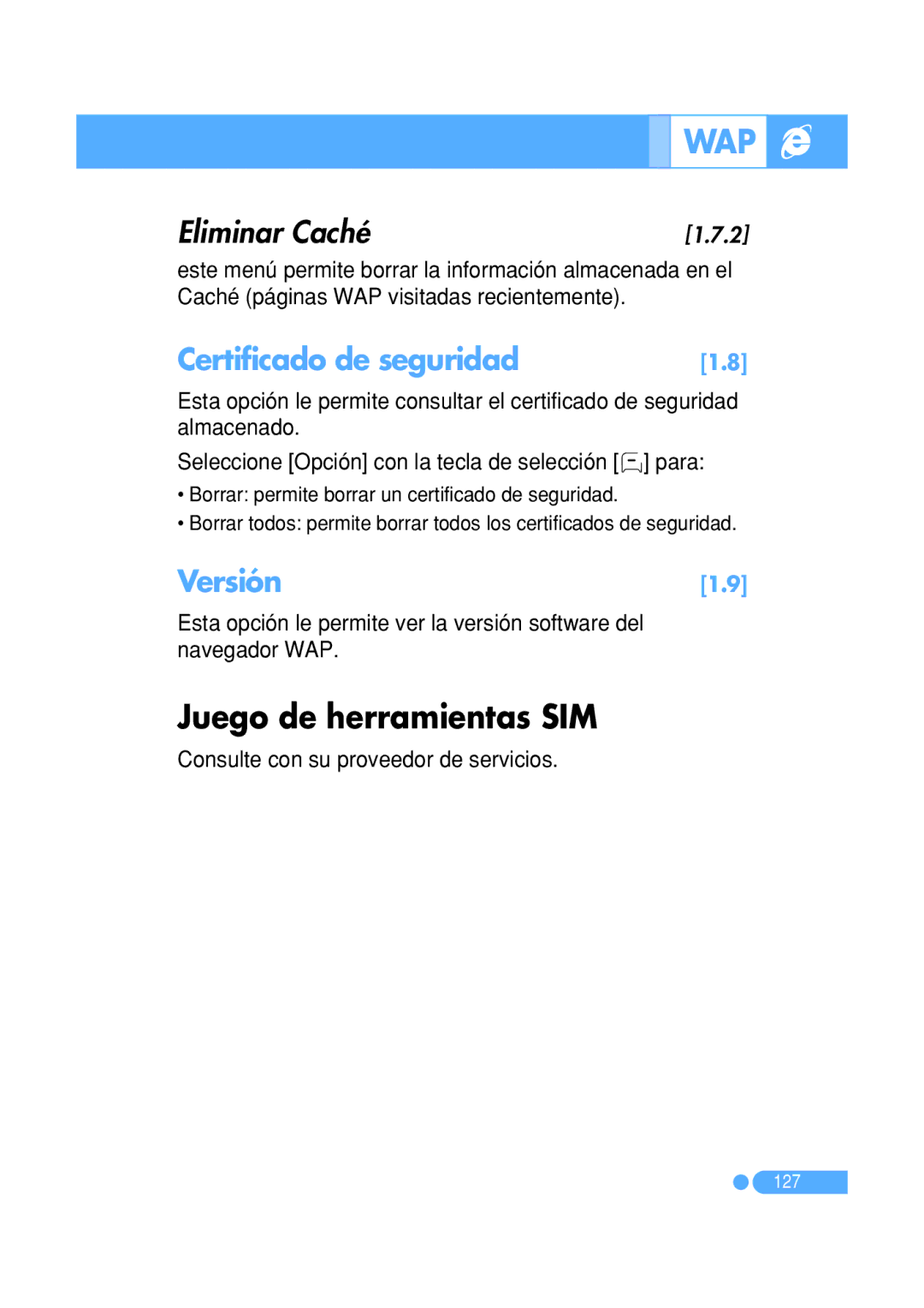 Pantech PG-1410 manual Juego de herramientas SIM, Eliminar Caché, Certificado de seguridad, Versión 