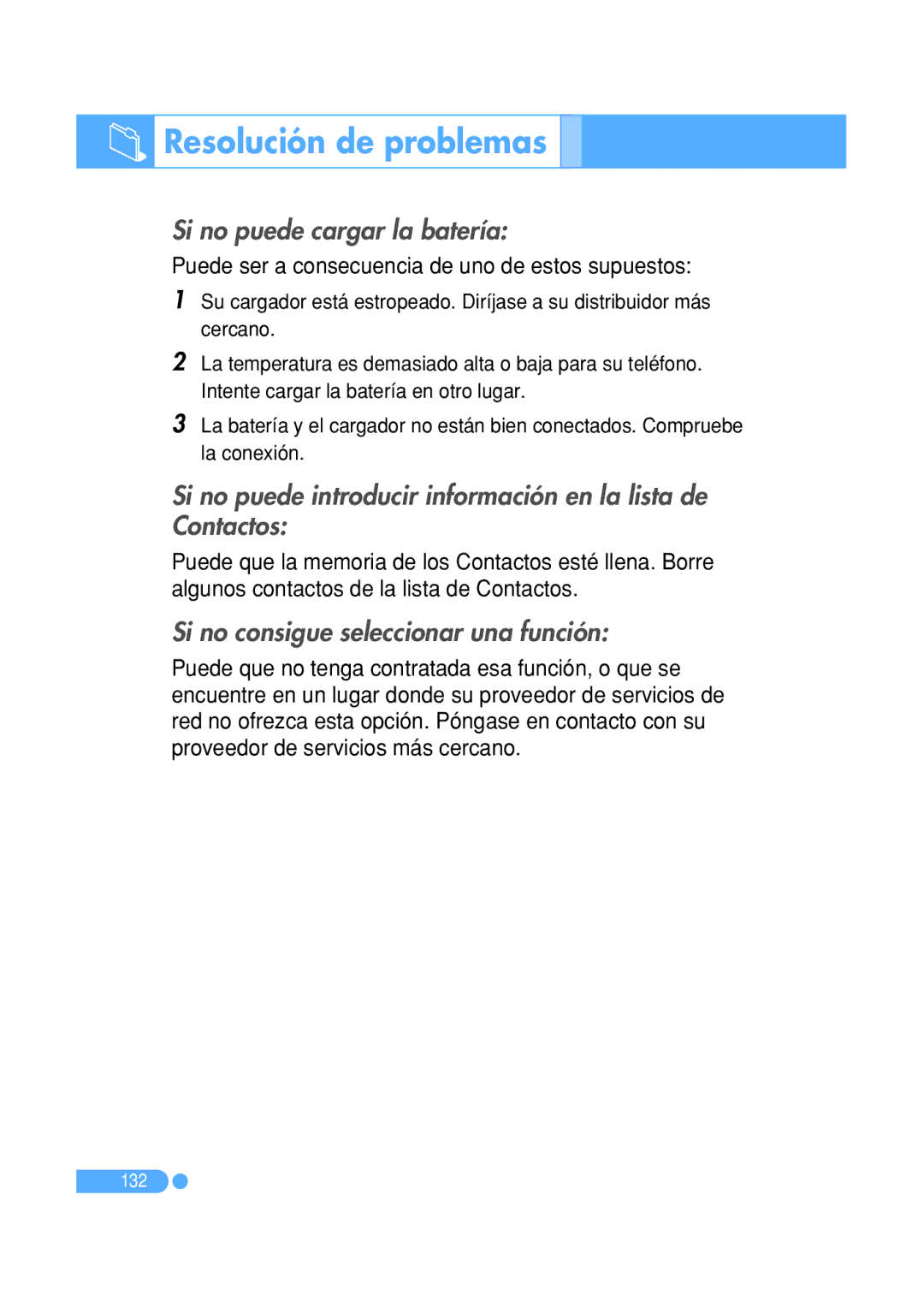 Pantech PG-1410 manual Si no puede cargar la batería, Si no puede introducir información en la lista de Contactos 