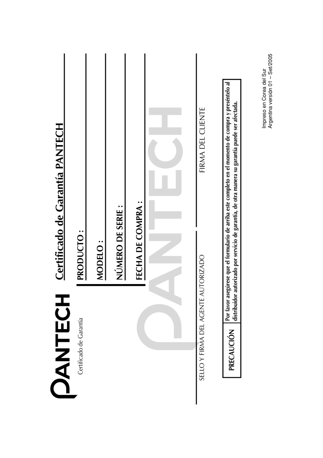 Pantech PG-1410 manual Certificado de Garantía Pantech 