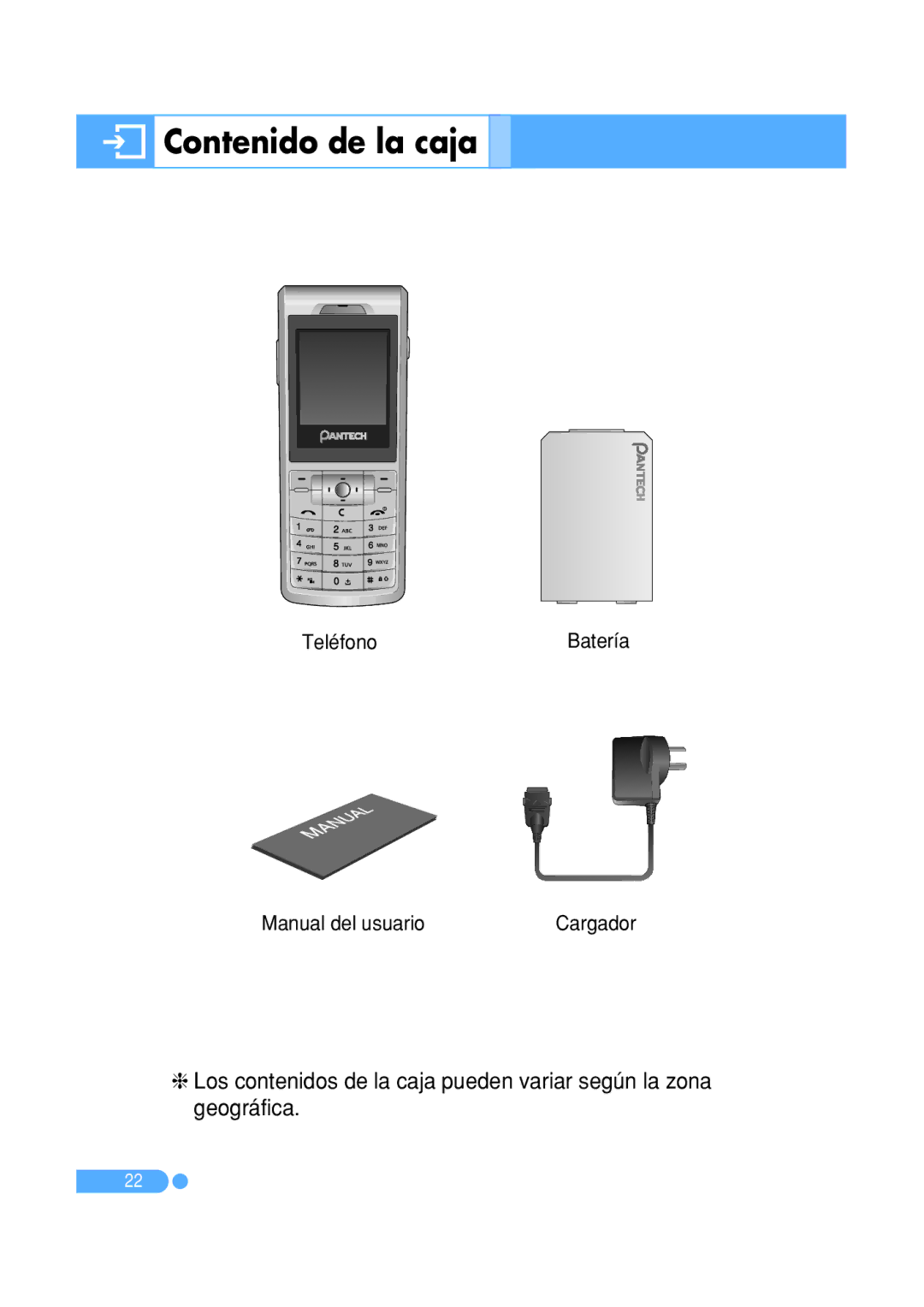 Pantech PG-1410 manual Contenido de la caja, TeléfonoBatería Manual del usuario 