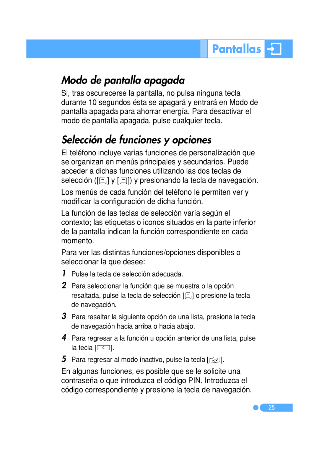 Pantech PG-1410 manual Modo de pantalla apagada, Selección de funciones y opciones 