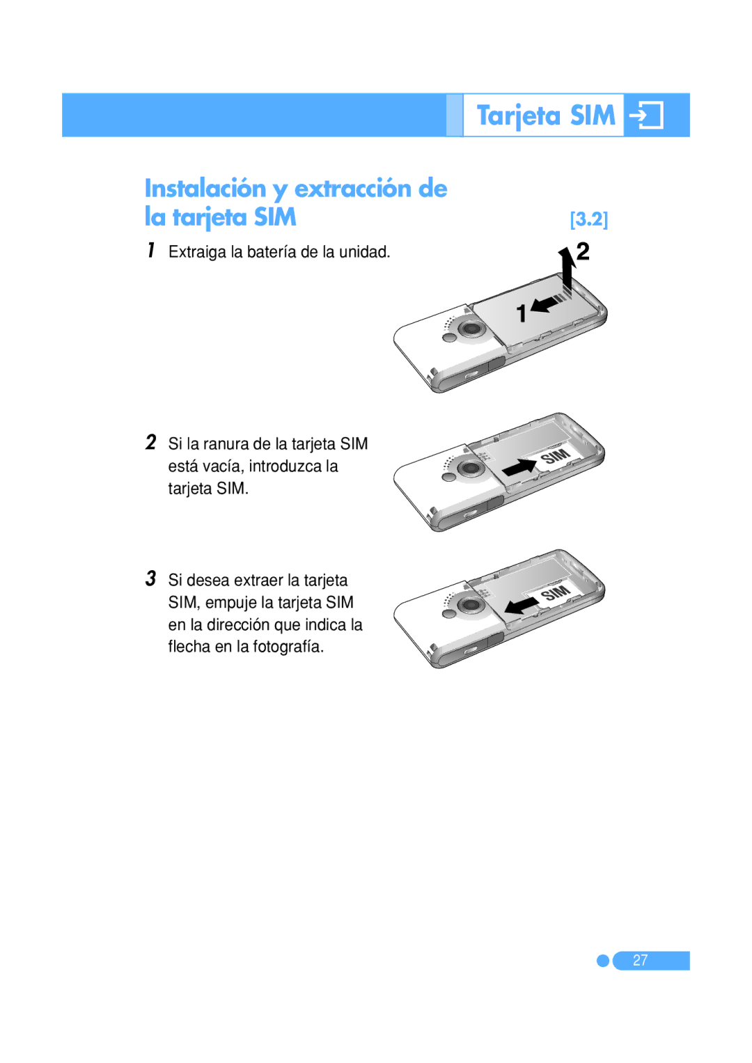 Pantech PG-1410 manual Tarjeta SIM, Instalación y extracción de La tarjeta SIM 