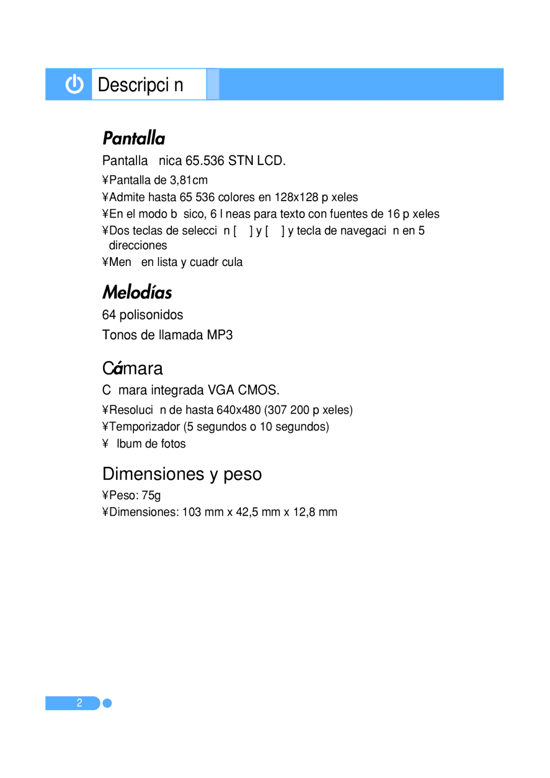 Pantech PG-1410 manual Descripción, Pantalla, Melodías, Cámara, Dimensiones y peso 