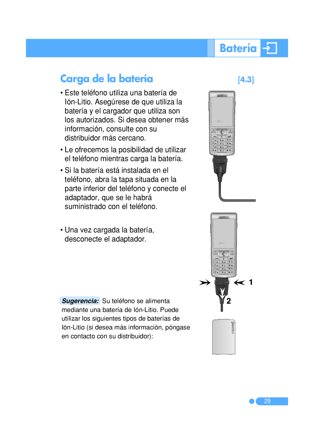 Pantech PG-1410 manual Batería, Carga de la batería 