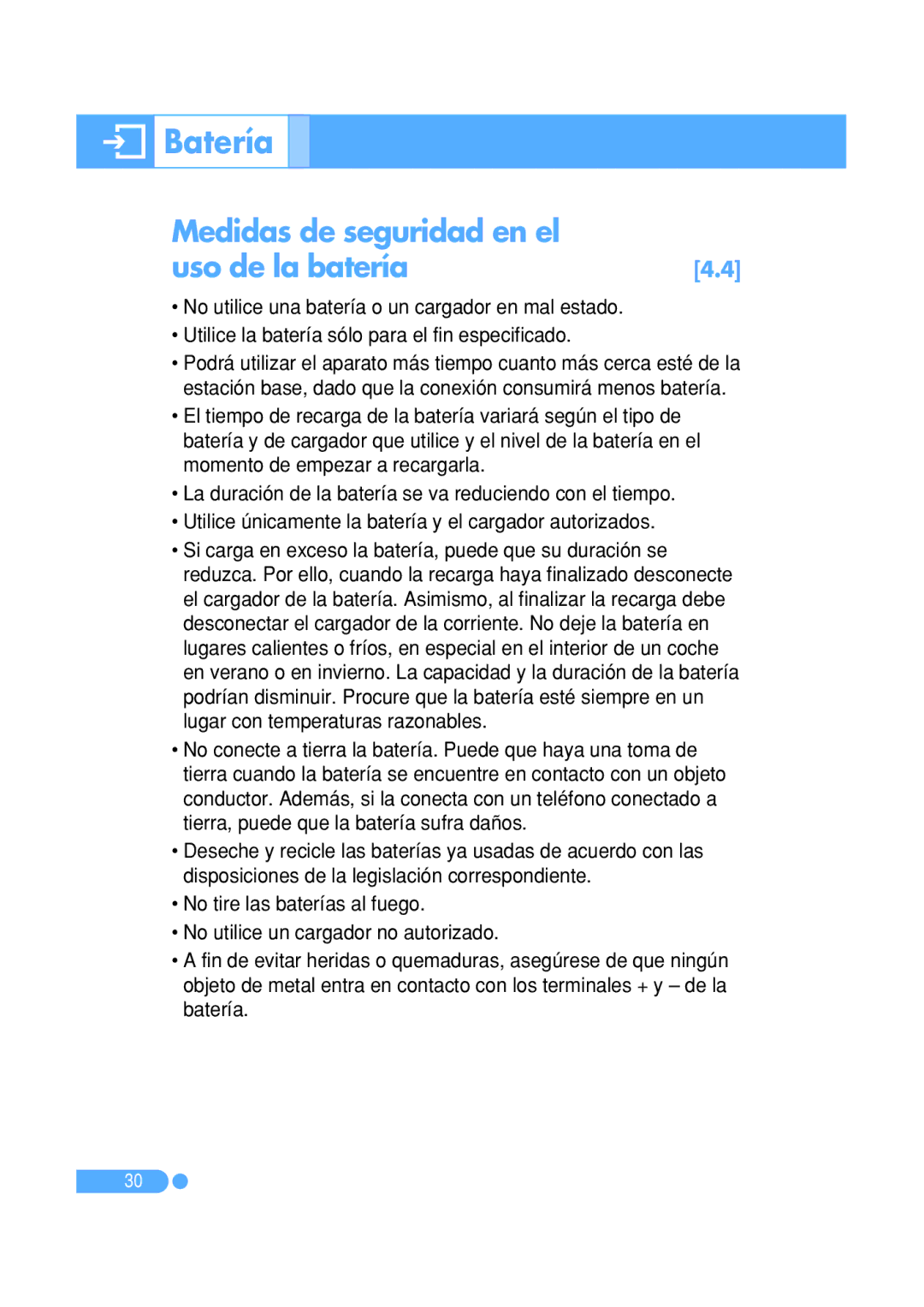 Pantech PG-1410 manual Medidas de seguridad en el Uso de la batería 