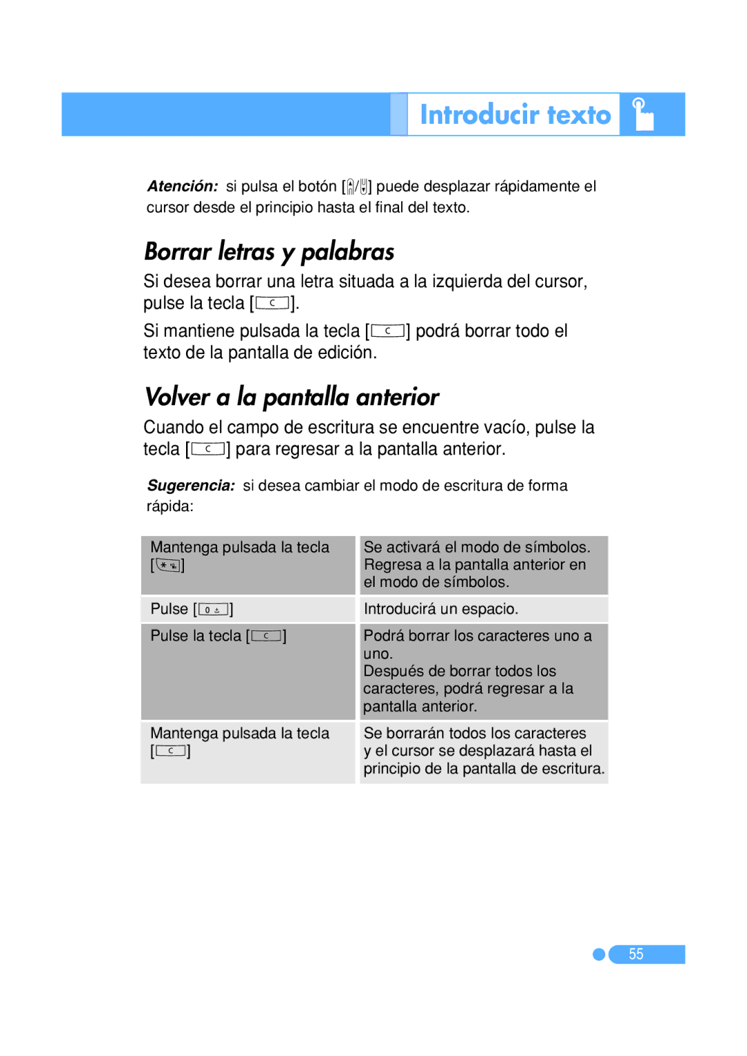 Pantech PG-1410 manual Borrar letras y palabras, Volver a la pantalla anterior 