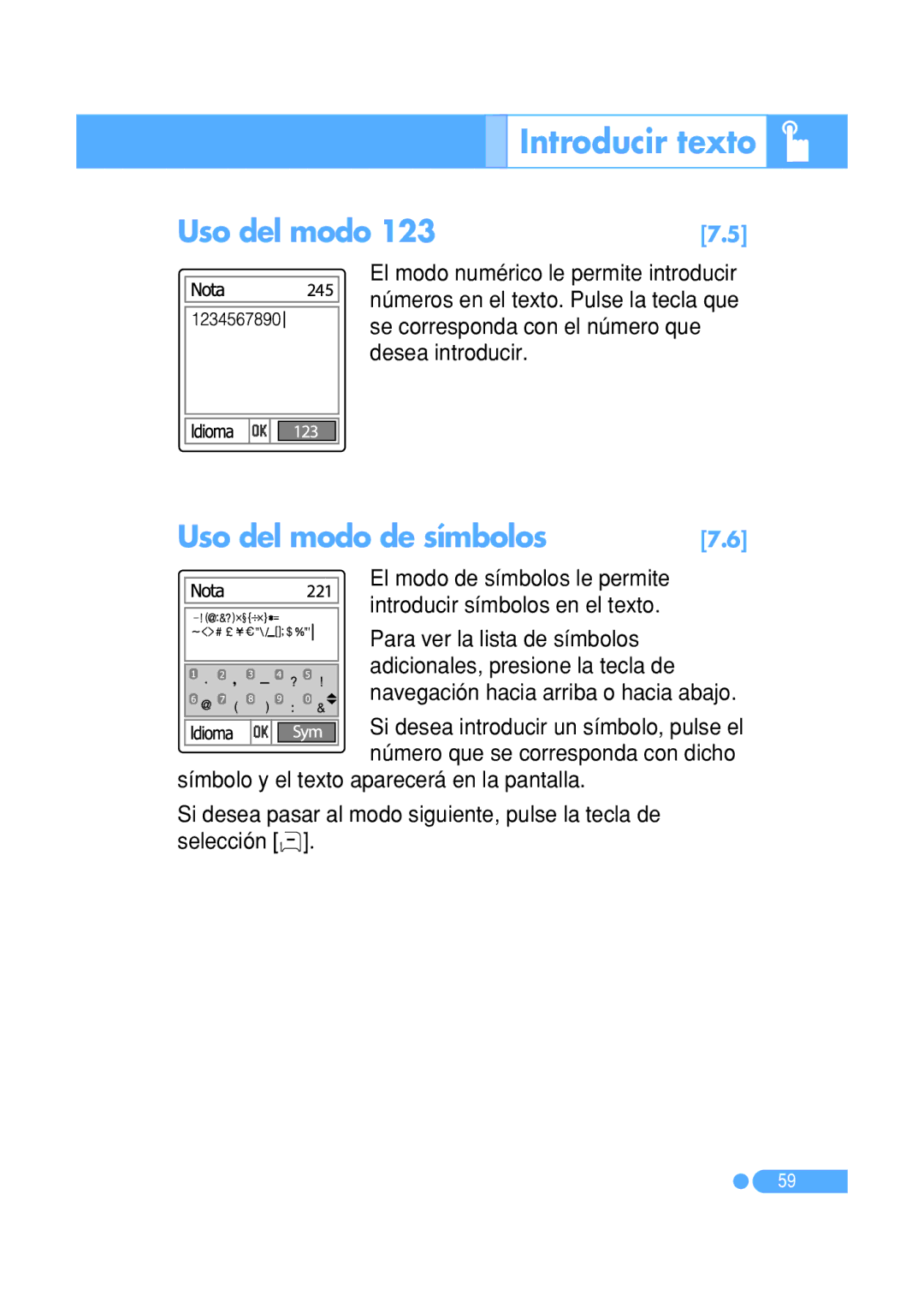 Pantech PG-1410 manual Uso del modo de símbolos 