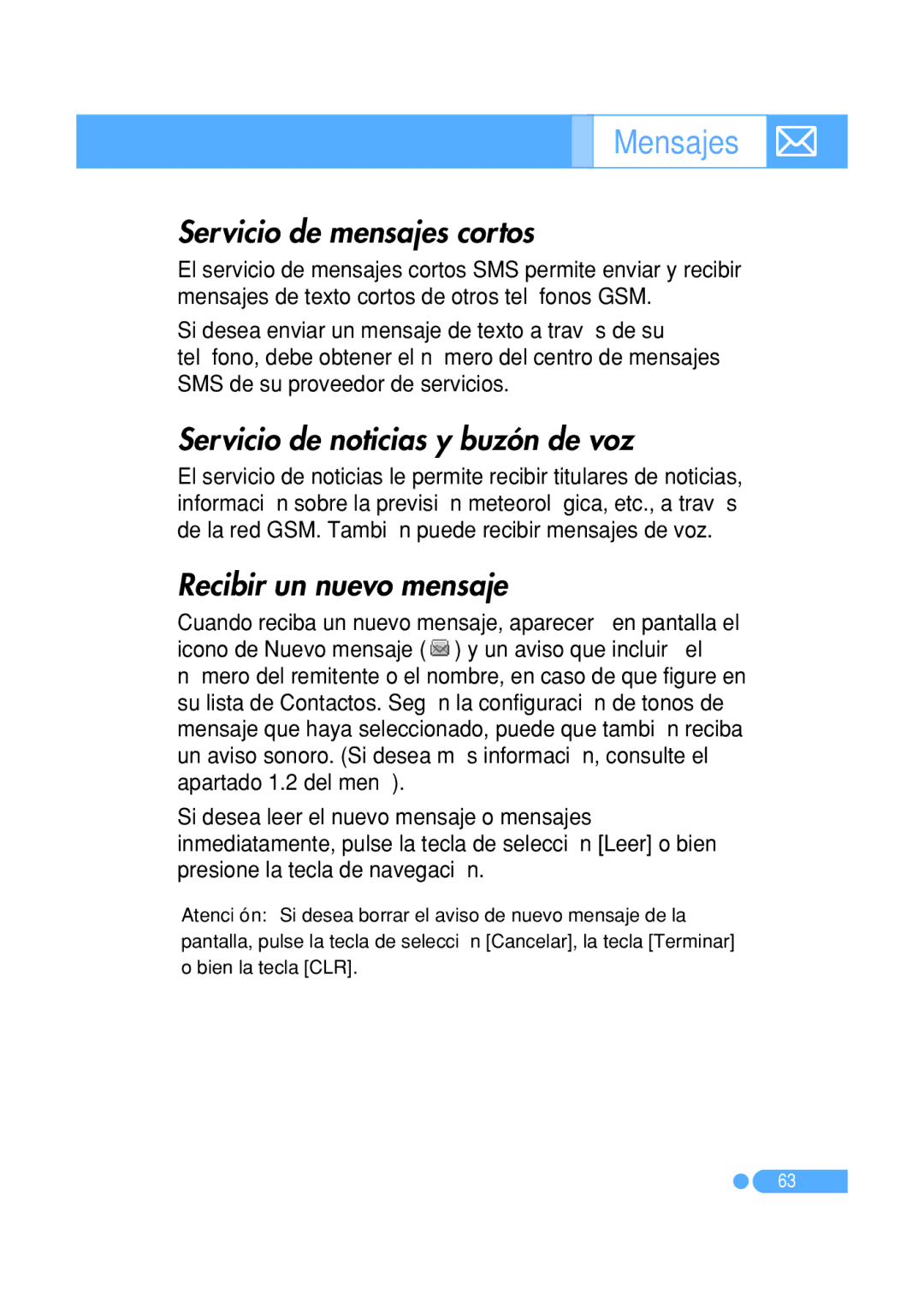 Pantech PG-1410 manual Mensajes, Servicio de mensajes cortos, Servicio de noticias y buzón de voz, Recibir un nuevo mensaje 