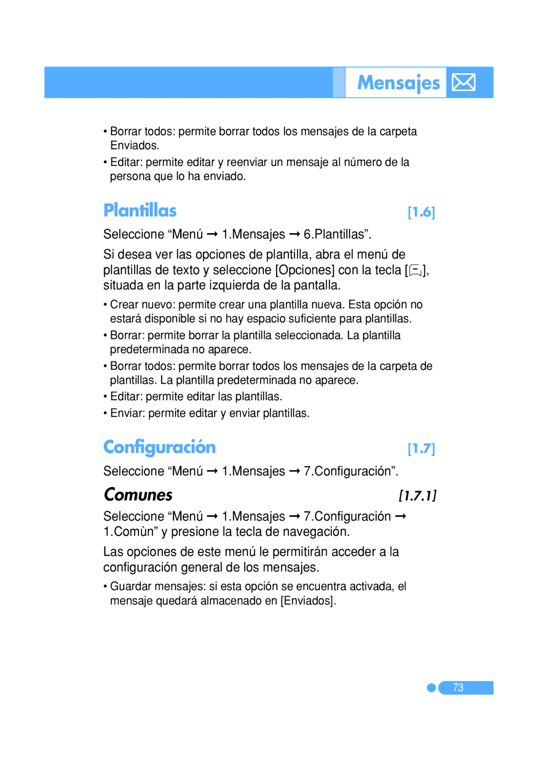 Pantech PG-1410 manual Plantillas, Configuración1.7, Comunes, Seleccione Menú 1.Mensajes 7.Configuración 