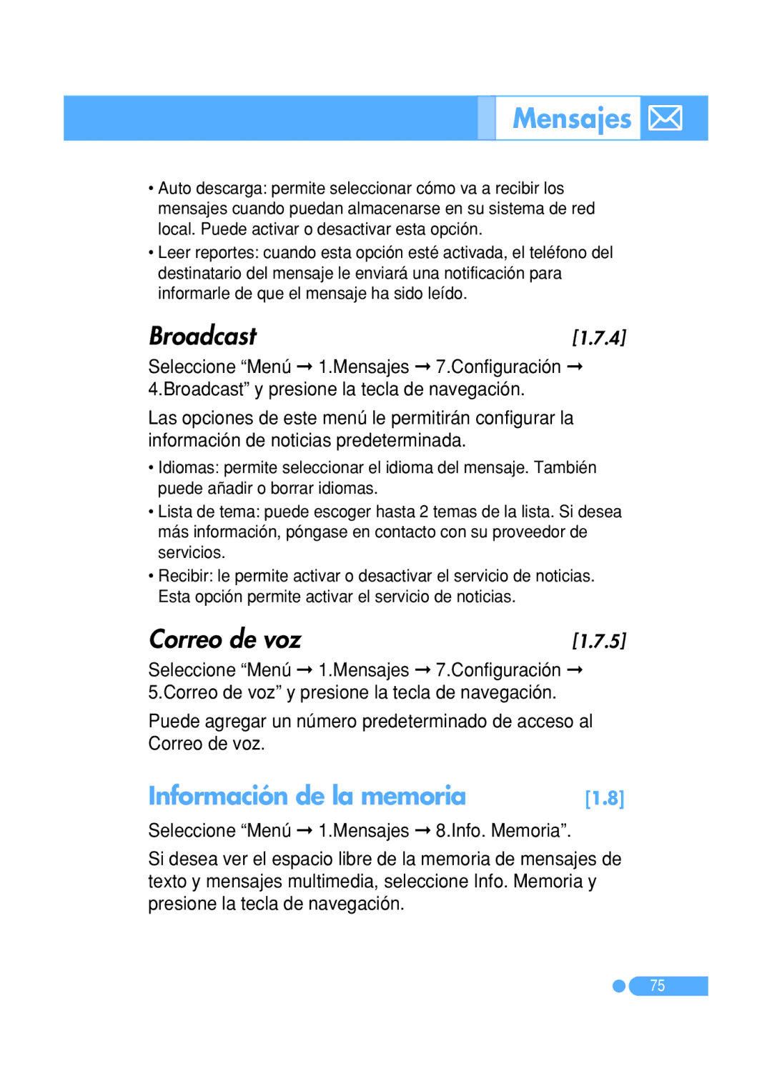 Pantech PG-1410 manual Broadcast, Correo de voz, Información de la memoria 