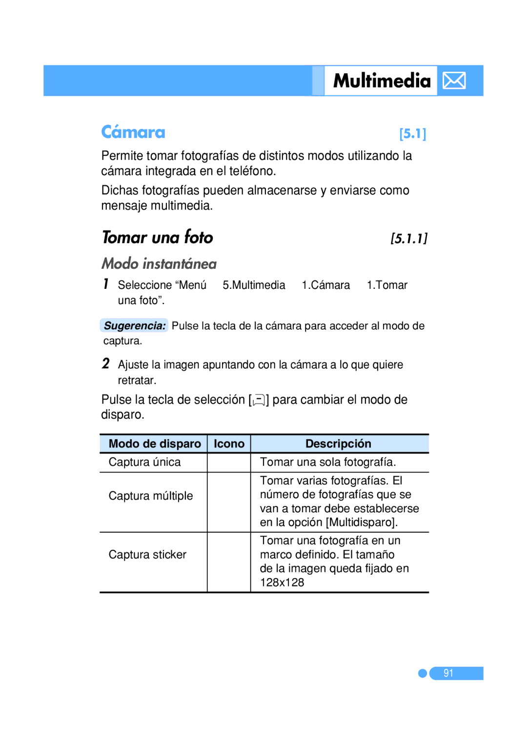 Pantech PG-1410 manual Multimedia, Cámara, Tomar una foto, Pulse la tecla de selección para cambiar el modo de disparo 