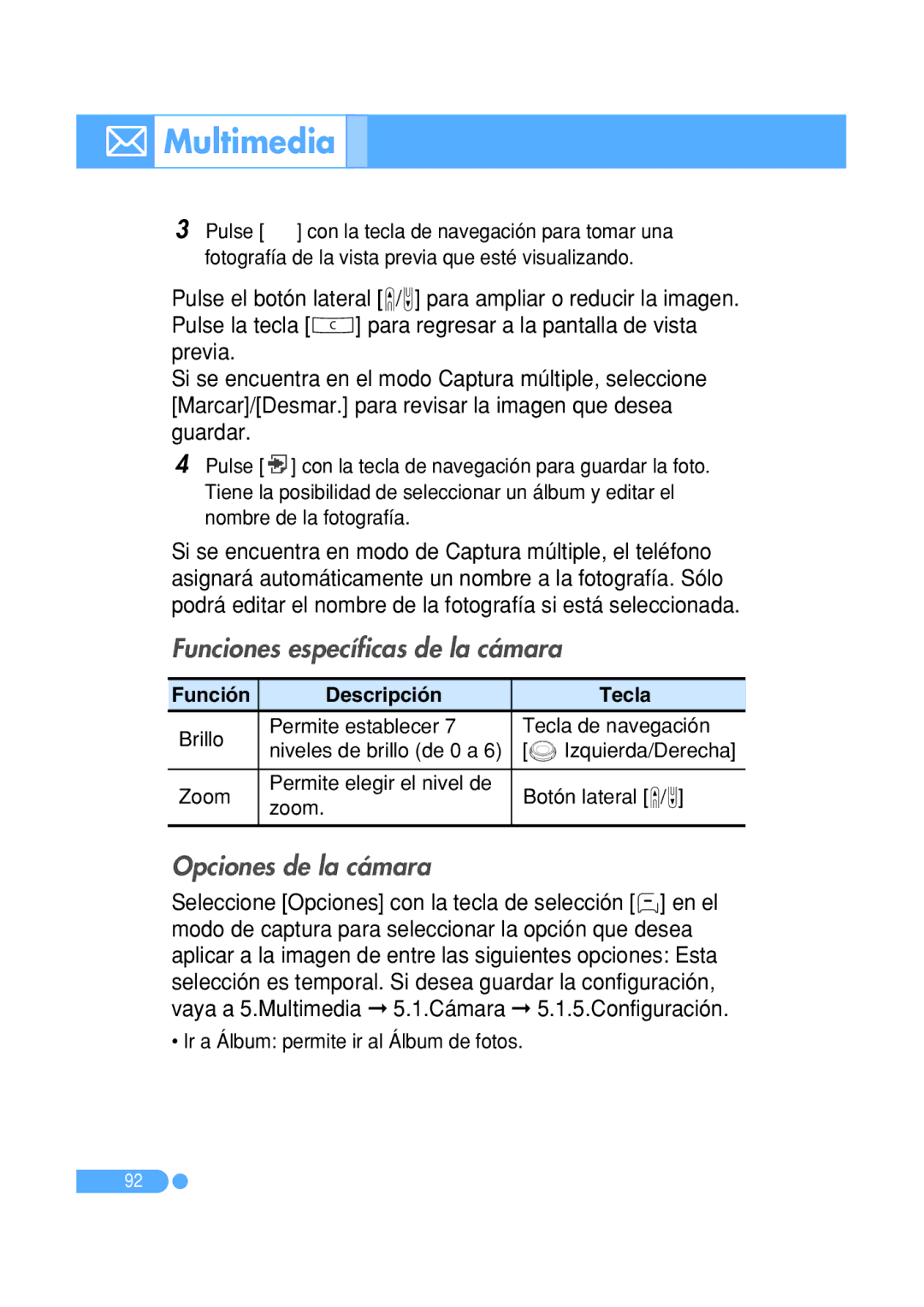 Pantech PG-1410 manual Multimedia, Funciones específicas de la cámara, Opciones de la cámara 