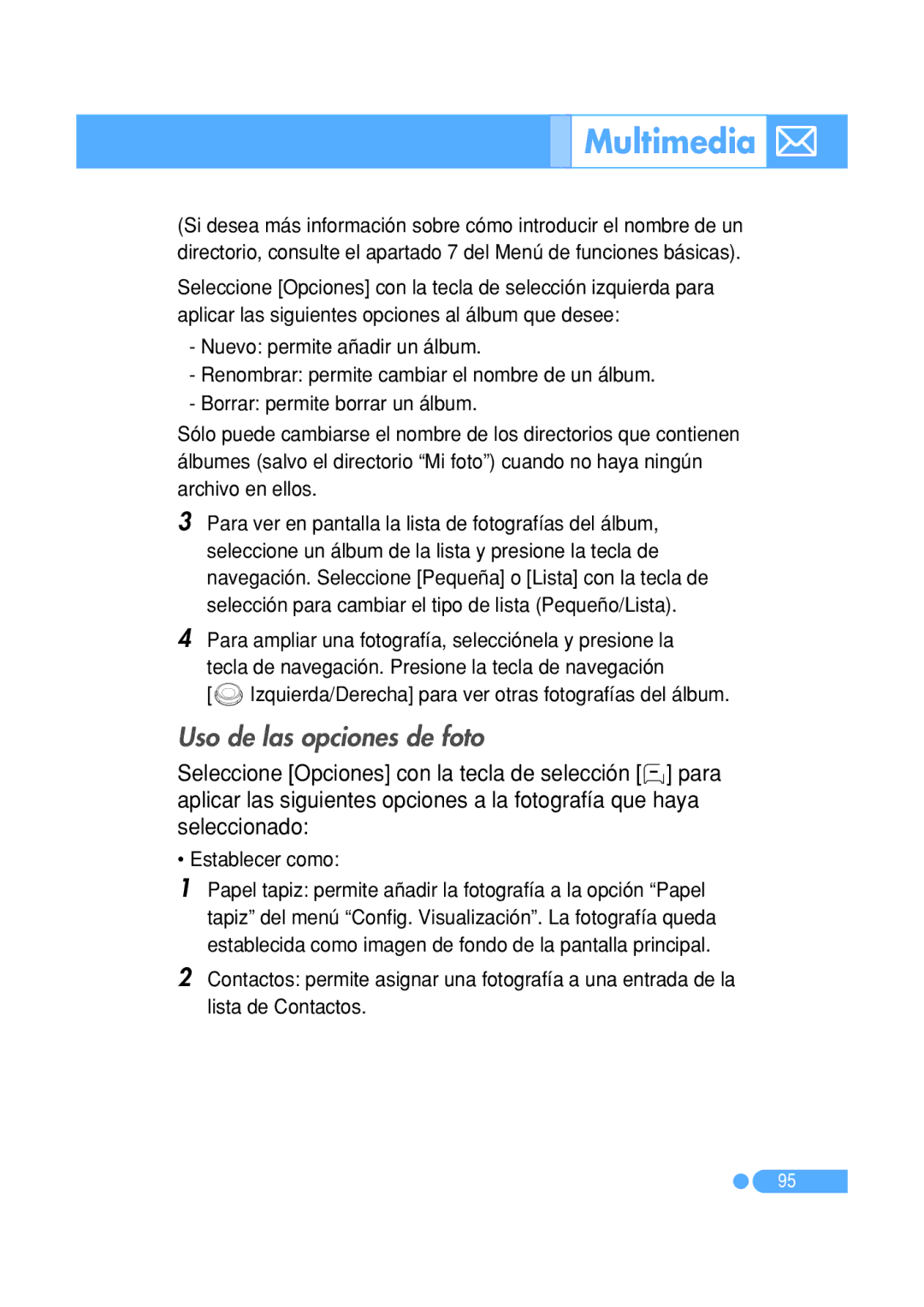 Pantech PG-1410 Uso de las opciones de foto, OIzquierda/Derecha para ver otras fotografías del álbum, Establecer como 