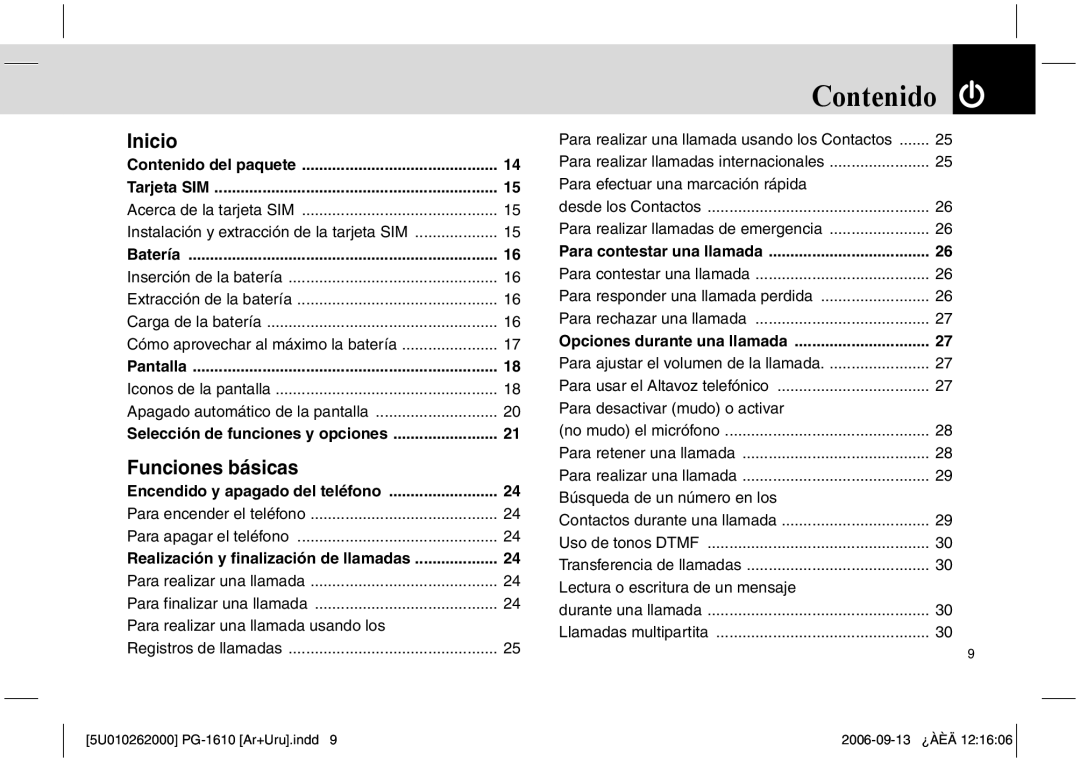 Pantech PG-1610 manual Contenido, Inicio 