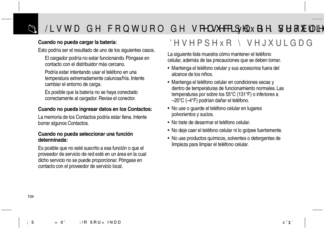 Pantech PG-1610 manual Desempeño y seguridad, Cuando no pueda cargar la batería 