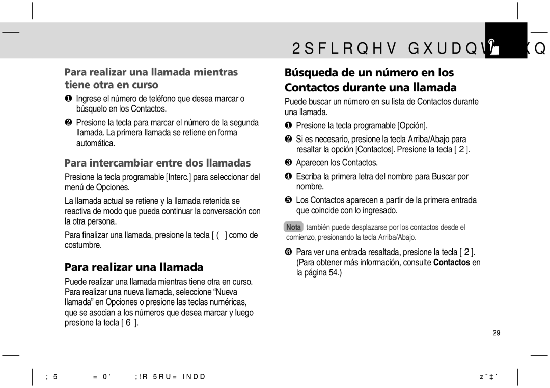 Pantech PG-1610 manual Búsqueda de un número en los Contactos durante una llamada, Para intercambiar entre dos llamadas 