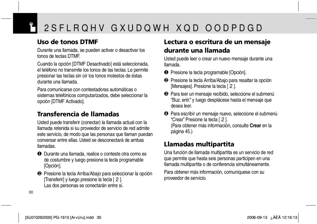 Pantech PG-1610 manual Uso de tonos Dtmf, Transferencia de llamadas, Lectura o escritura de un mensaje durante una llamada 