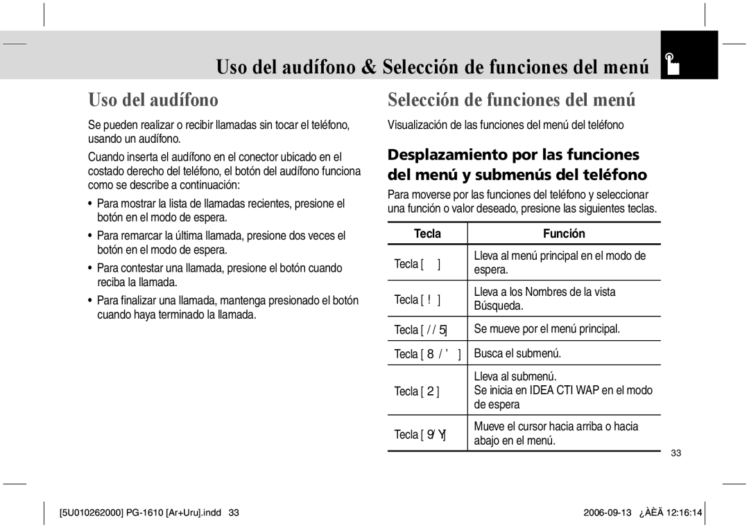 Pantech PG-1610 manual Uso del audífono, Selección de funciones del menú, Tecla Función 