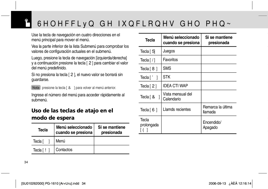 Pantech PG-1610 manual Uso de las teclas de atajo en el modo de espera, Tecla, Presionada 