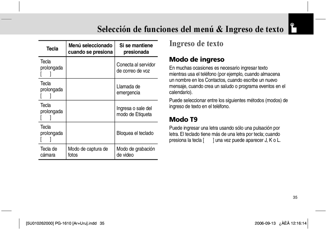 Pantech PG-1610 manual Ingreso de texto, Modo de ingreso, Modo T9 