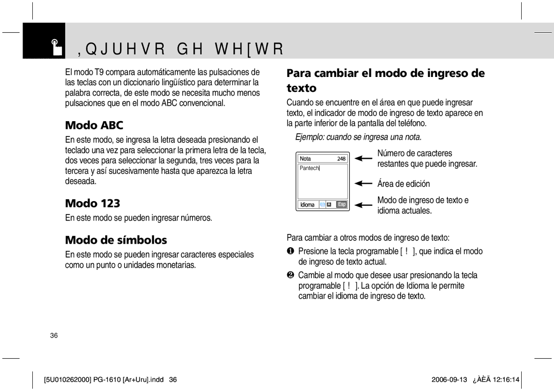 Pantech PG-1610 manual Ingreso de texto, Modo ABC, Modo de símbolos, Para cambiar el modo de ingreso de texto 