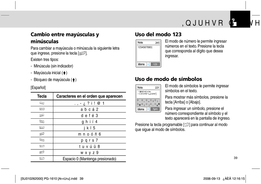 Pantech PG-1610 manual Cambio entre mayúsculas y minúsculas, Uso del modo, Uso de modo de símbolos 