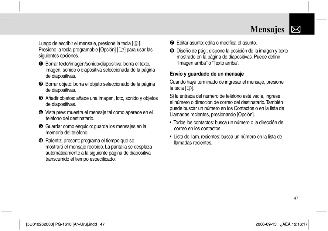 Pantech PG-1610 manual ❼ Editar asunto edita o modifica el asunto, Envío y guardado de un mensaje 