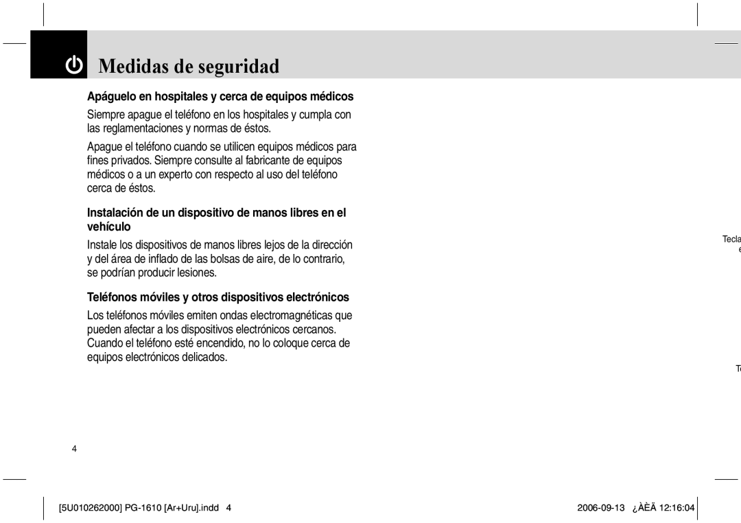 Pantech PG-1610 Apáguelo en hospitales y cerca de equipos médicos, Teléfonos móviles y otros dispositivos electrónicos 