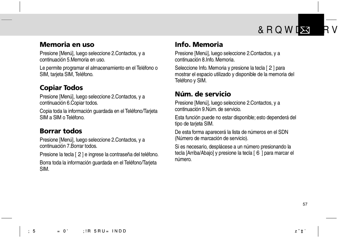 Pantech PG-1610 manual Memoria en uso, Copiar Todos, Borrar todos, Núm. de servicio 