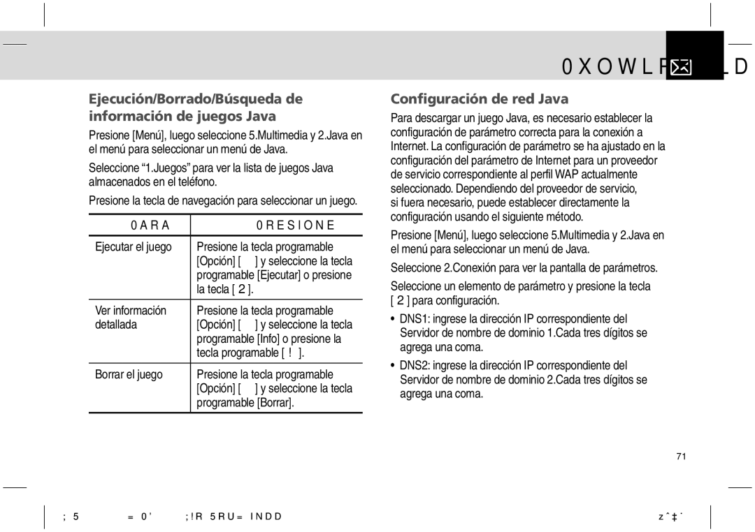 Pantech PG-1610 manual Ejecución/Borrado/Búsqueda de información de juegos Java, Configuración de red Java, Para Presione 