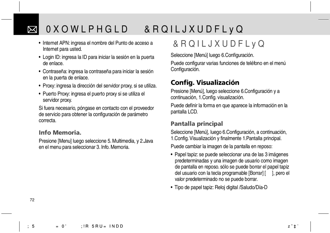 Pantech PG-1610 manual Multimedia & Configuración, Config. Visualización, Info Memoria, Pantalla principal 