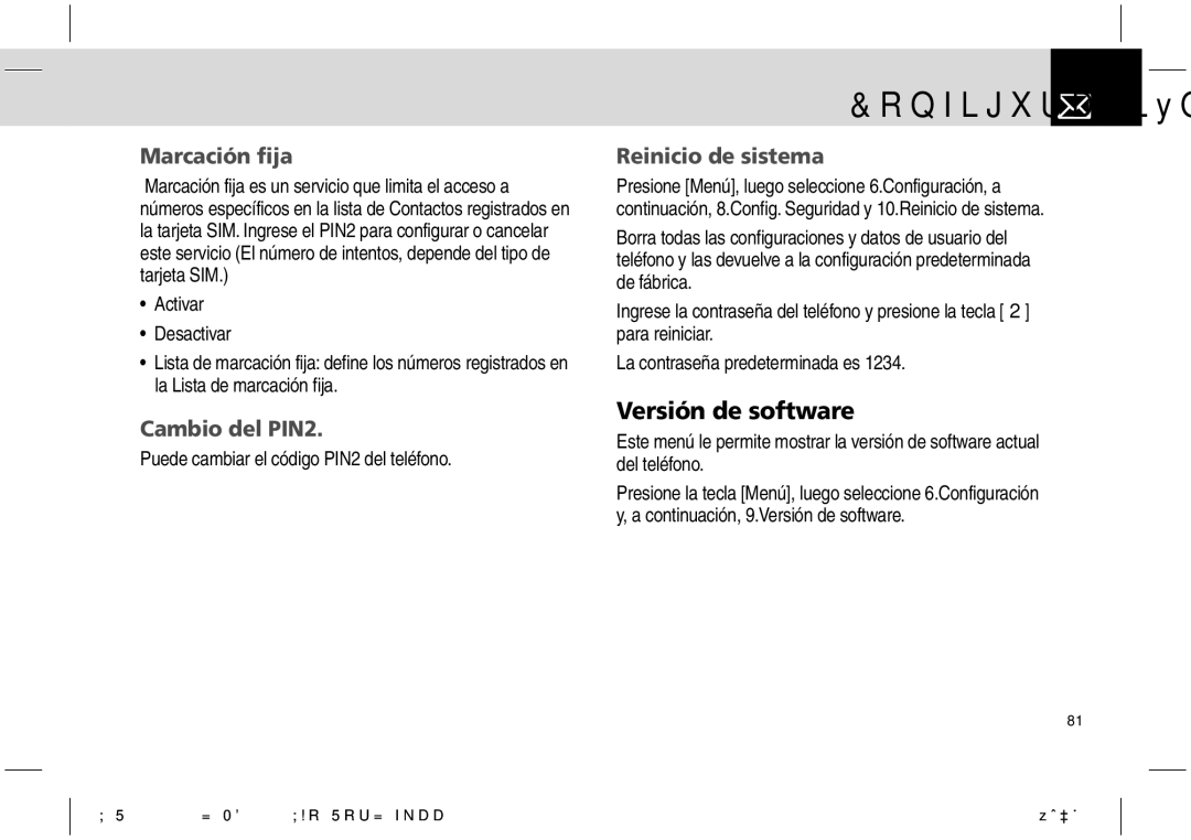 Pantech PG-1610 manual Versión de software, Marcación fija, Cambio del PIN2, Reinicio de sistema 