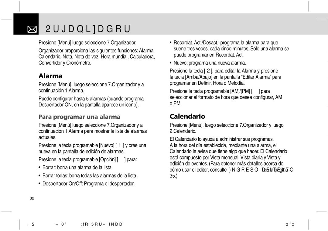 Pantech PG-1610 manual Organizador, Alarma, Calendario, Para programar una alarma 