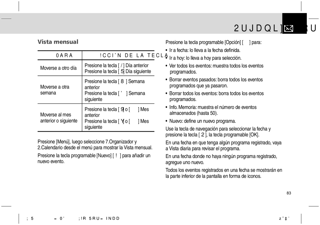 Pantech PG-1610 manual Vista mensual, Para Acción de la tecla 