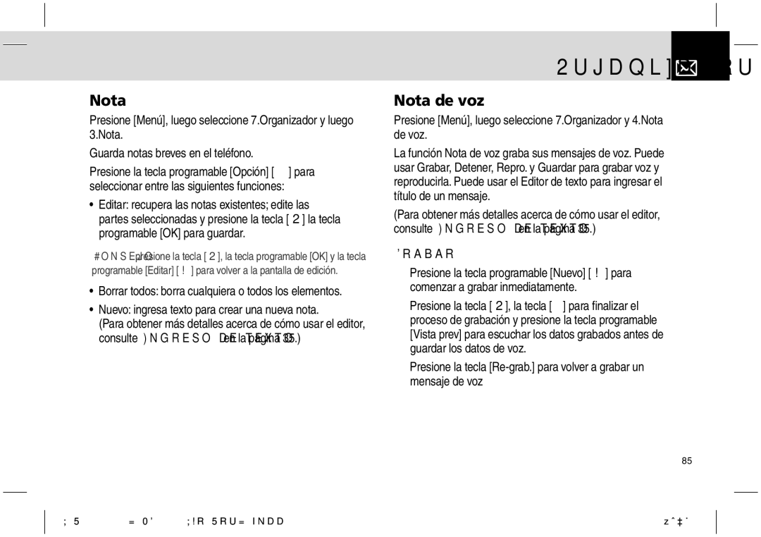 Pantech PG-1610 manual Nota de voz, Nuevo ingresa texto para crear una nueva nota, Grabar 