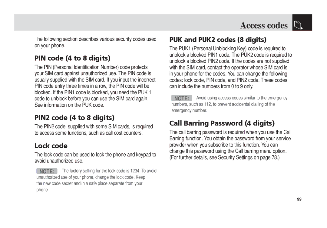 Pantech PG-3300 manual Access codes 