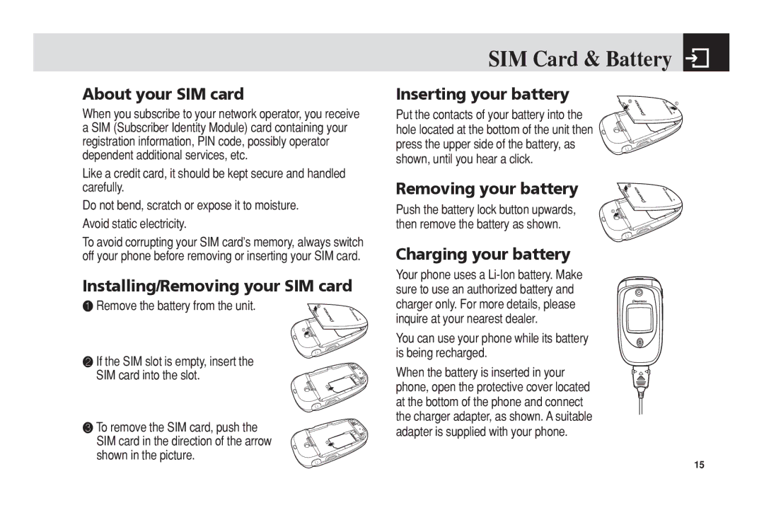 Pantech PG-3300 manual SIM Card & Battery 