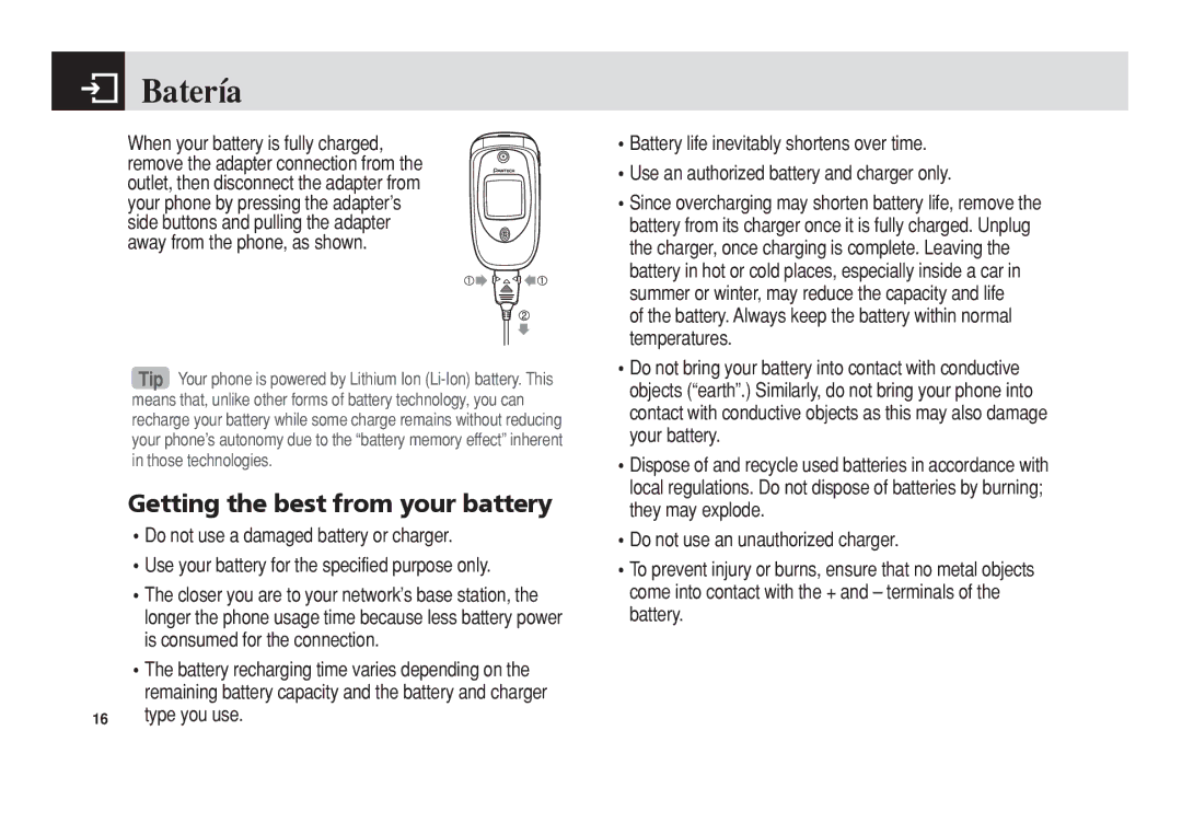 Pantech PG-3300 manual Batería, Getting the best from your battery 