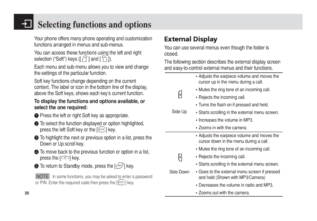 Pantech PG-3300 manual Selecting functions and options, External Display, ❶ Press the left or right Soft key as appropriate 