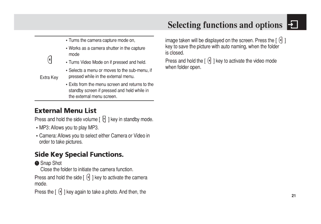 Pantech PG-3300 manual External Menu List, Side Key Special Functions 