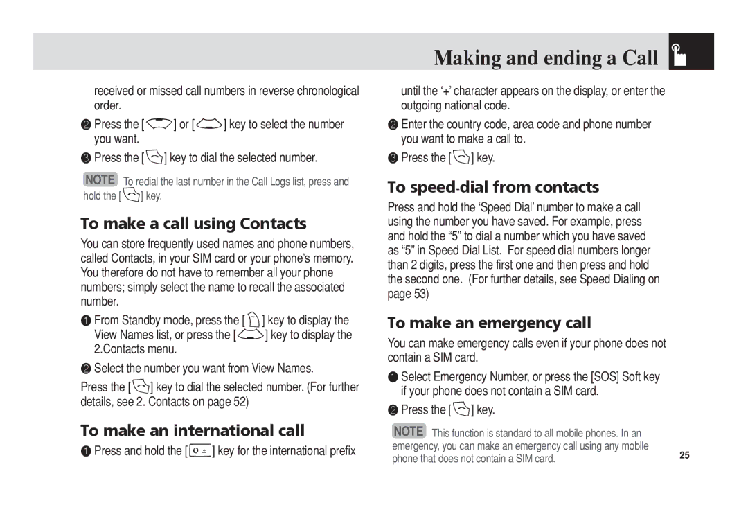 Pantech PG-3300 manual Making and ending a Call, To make a call using Contacts, To make an international call 