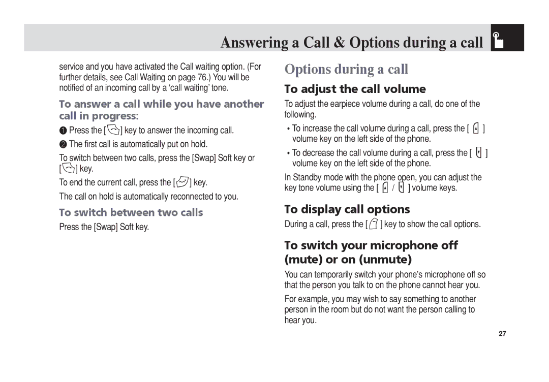 Pantech PG-3300 manual To adjust the call volume, To display call options, To switch your microphone off, Mute or on unmute 