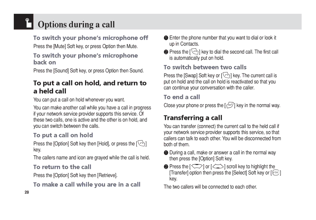 Pantech PG-3300 manual Options during a call, To put a call on hold, and return to a held call, Transferring a call 