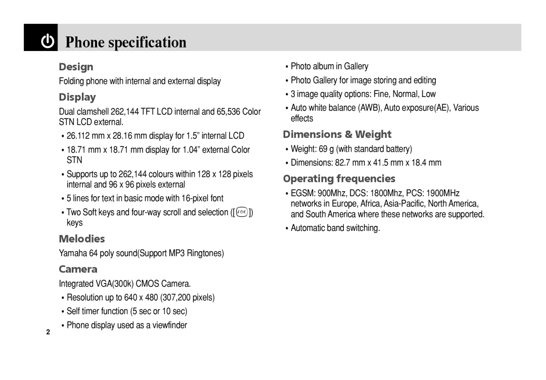 Pantech PG-3300 manual Phone specification 